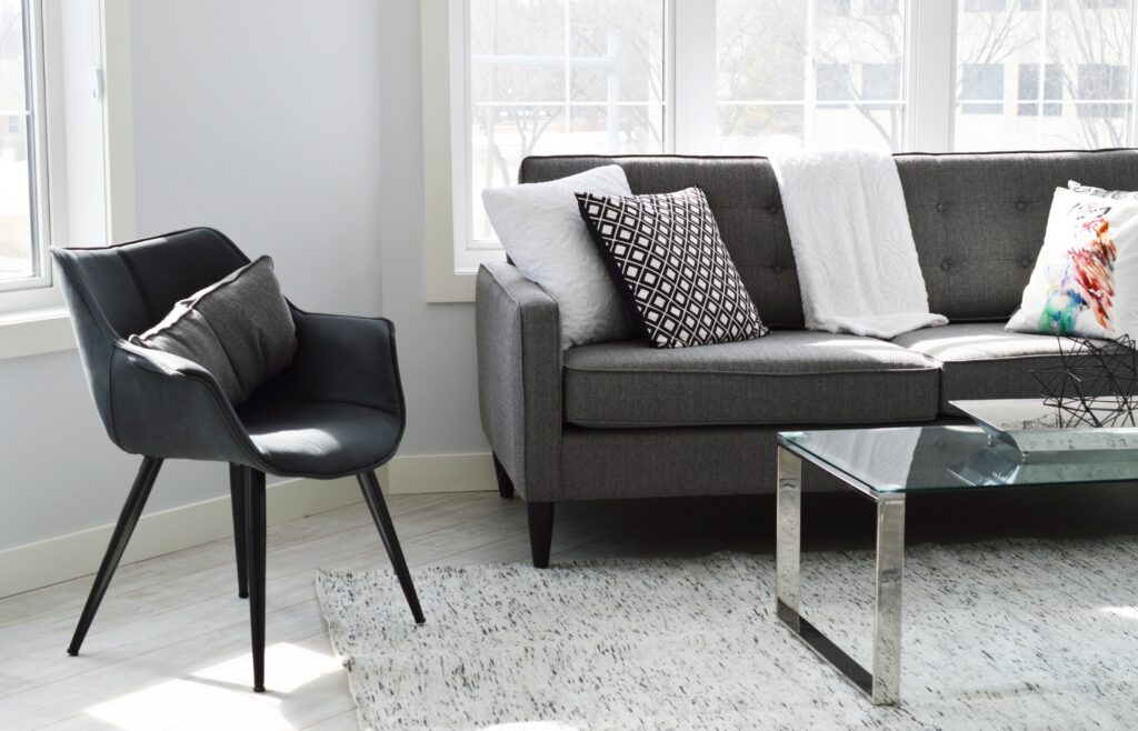 Clean and organized living room with a neatly arranged couch, minimal clutter, and balanced home styling.