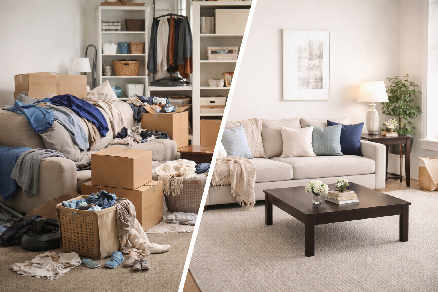 Before and after split image of a living room transformation showing cluttered space on one side and a clean, organized, and styled living room on the other side completed by Chaos Coordinator AZ in Arizona.
