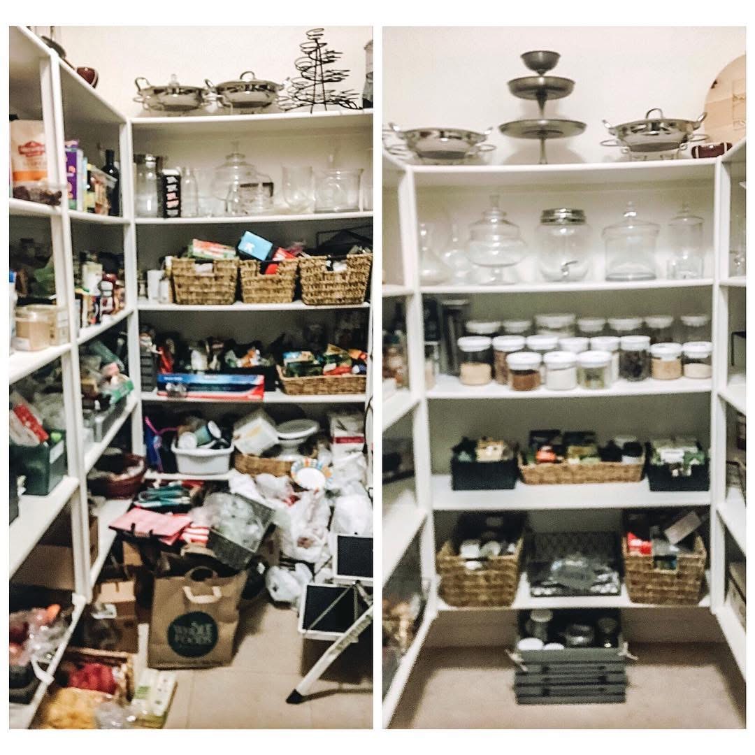 Before and after pantry organization transformation by Chaos Coordinator AZ featuring decluttered shelves, labeled storage containers, organized food categories, and maximized pantry space for improved functionality.